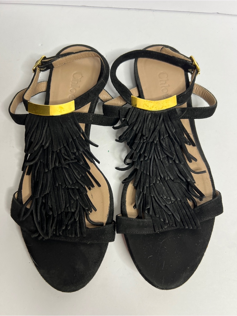 Chloe Black Suede Fringed Sandals Gold Brass Hardware Italian Size 36 US Size 6